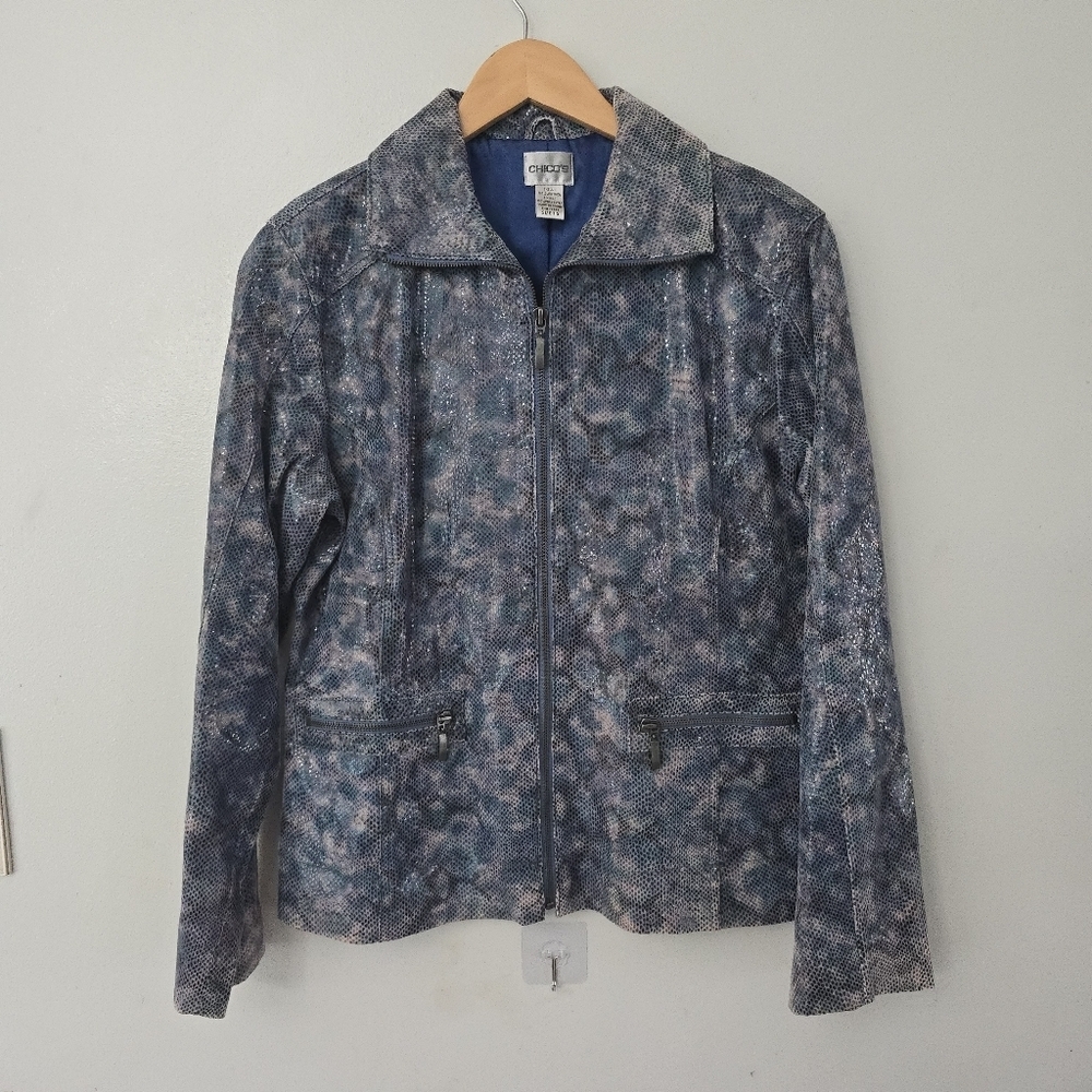 Chicos Leather Blazer Jacket Size 1.5 Medium Animal Reptile Print Wet Look Shiny
